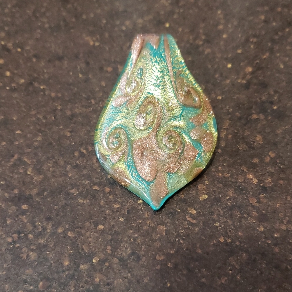 Signed Venetian Murano Glass Lampwork Copper, Gold and Teal Large Pendant.